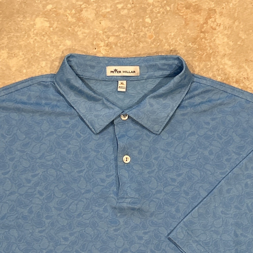 Peter Millar Carl Paisley Plaited Jacquard Knit Polo Mens XL Tropical Blue Shirt